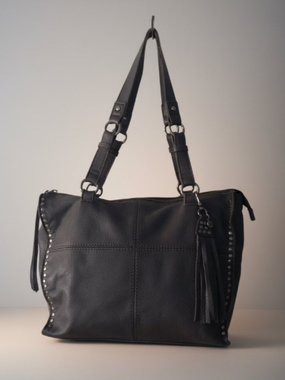 The Sak Silverlake Gray Leather Shoulder Bag Large Hobo Studded Tassel
